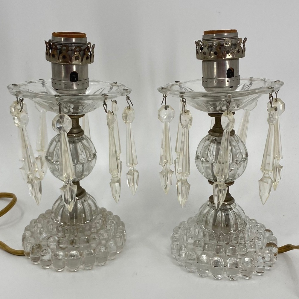 Vintage Crystal Boudoir Lamps Set of 2 Hobnail Base Hanging Prisms Clear Glass